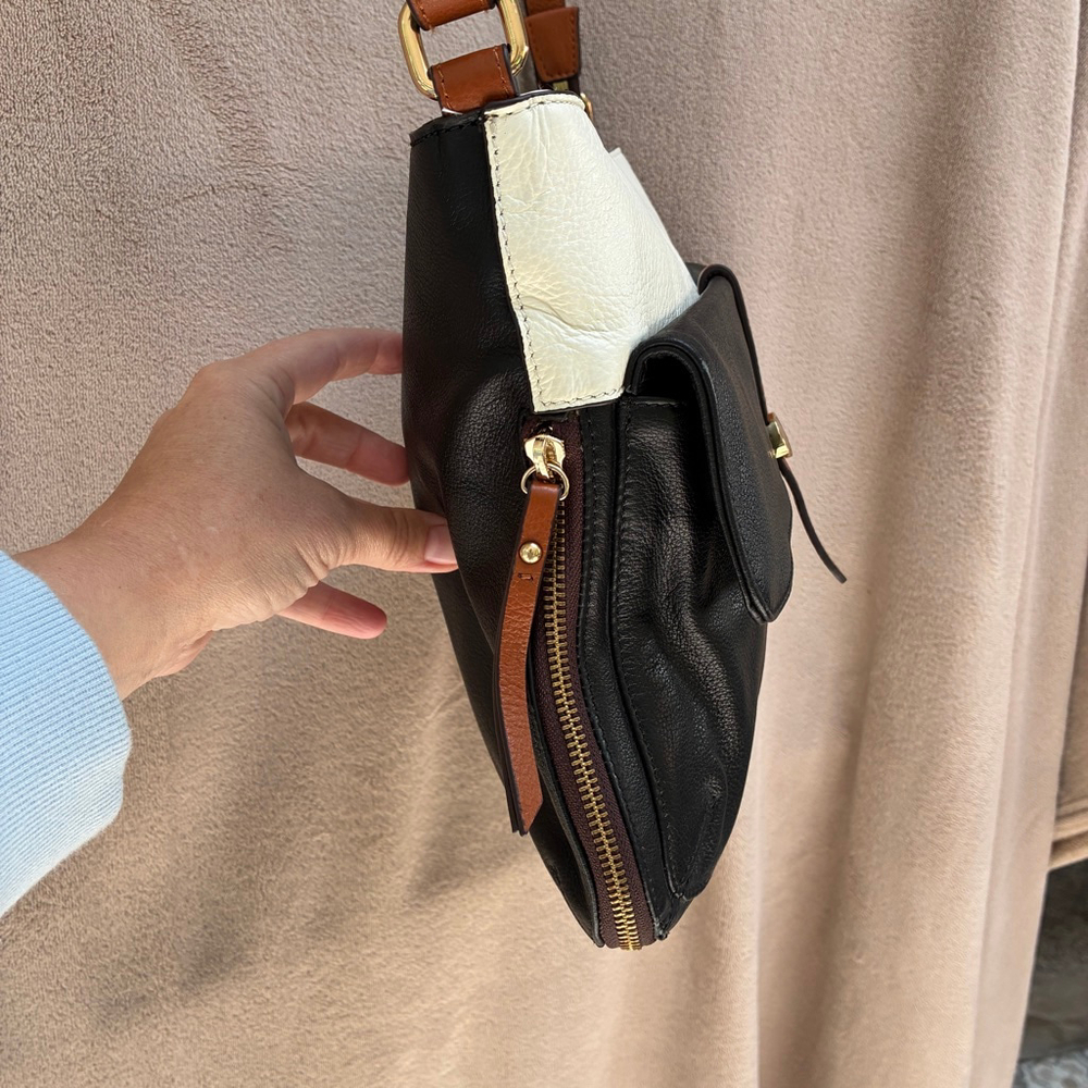 Danier Crossbody Bag Black, Tan & Cream Real Leather Timeless Vintage Neutral - Picture 9 of 16